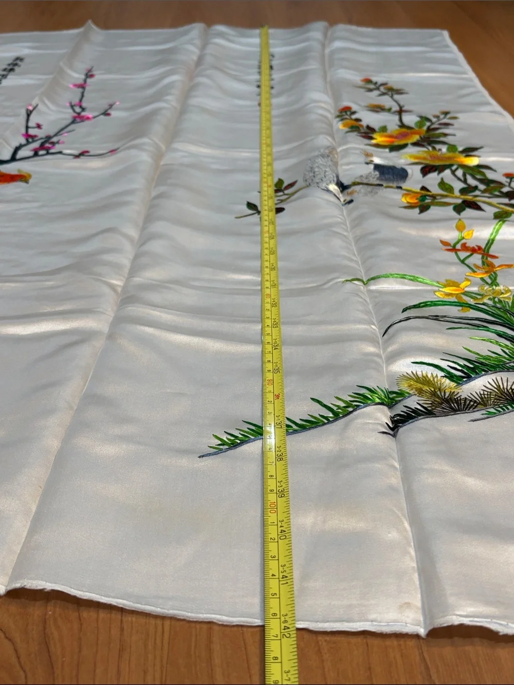 Vintage Chinese Silk Embroidered Bird & Blossom Wall Panel in White